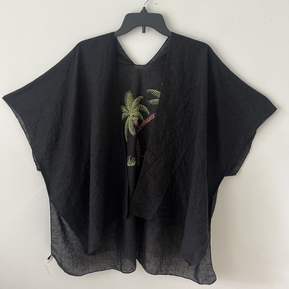 Trezo Black Open Front Kimono Caftan Duster Swim Coverup Semi Sheer Palm Tree OS